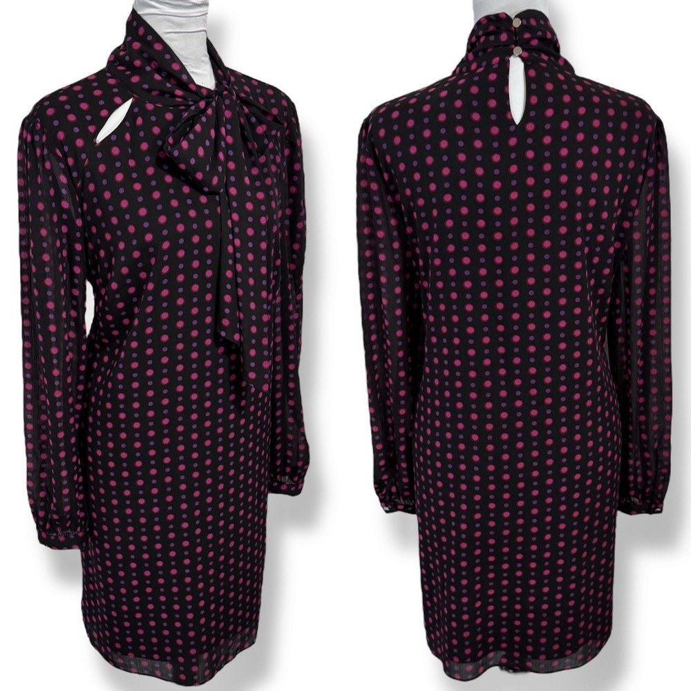 The Limited Long Sleeve Tie Neck‎ Shift Dress Size 10 Black Pink Polka Dot Retro